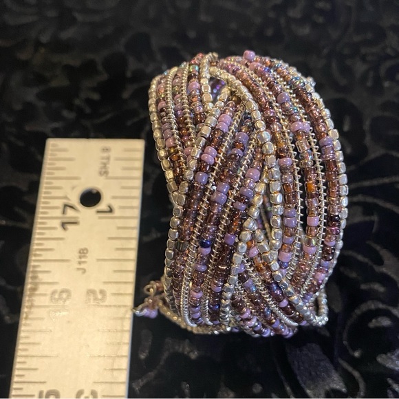 Beaded cuff bracelet lilac/bronze/pewter glass seed beads, 1 1/2”wide,2” across - Picture 4 of 5